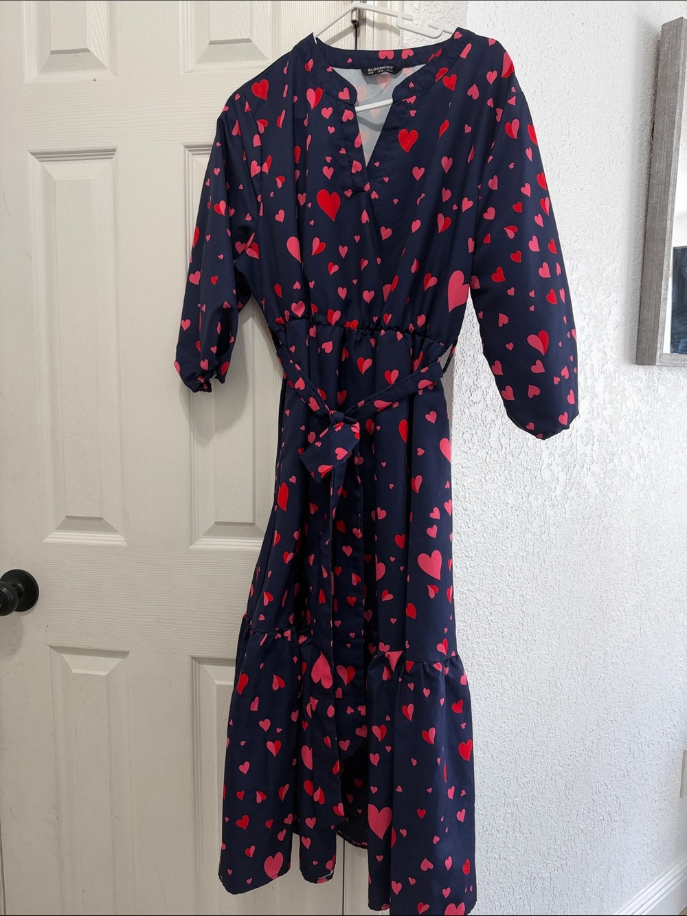 Navy Heart Print Tie-Waist Midi Dress